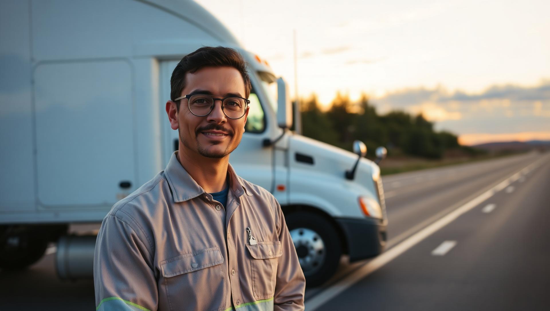 Professional CDL driver in front of a dry van semi-truck
