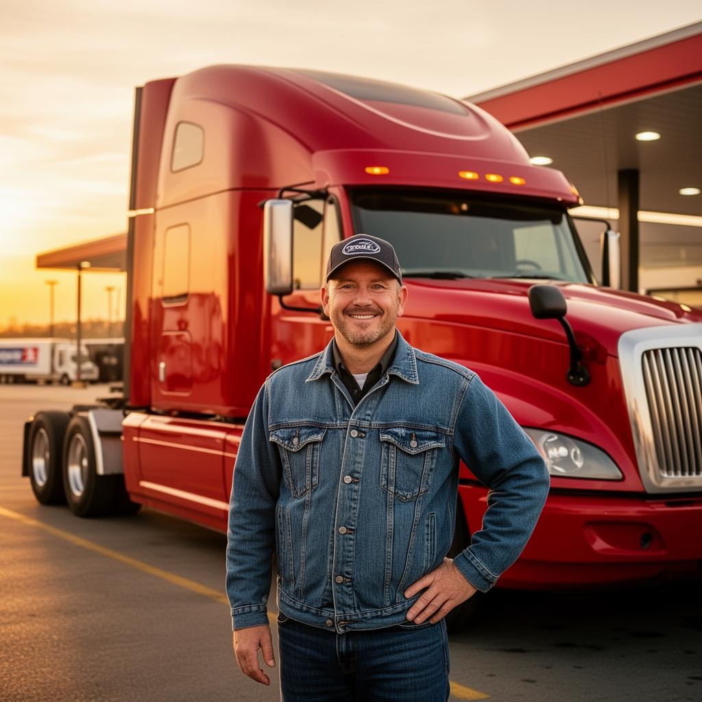 Owner-operator standing in front of his semi-truck