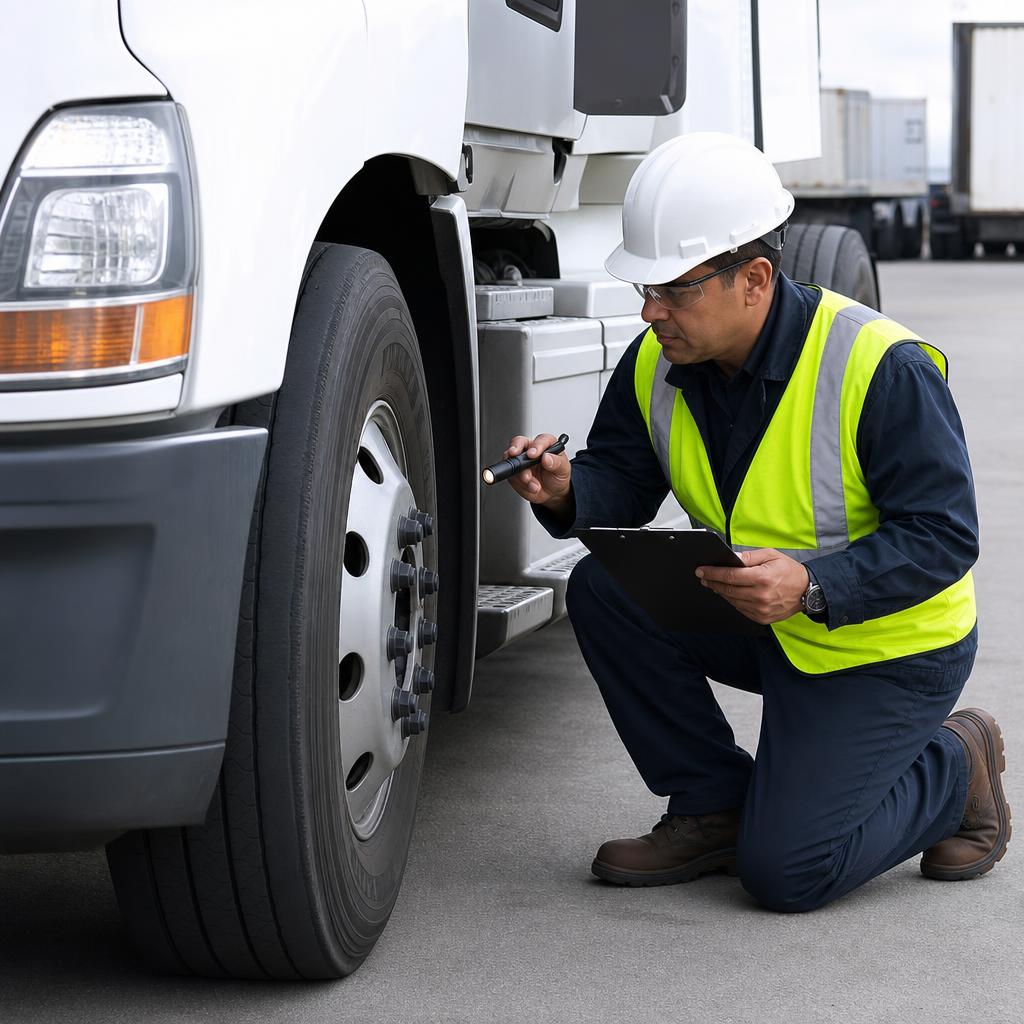 Professional driver performing a DOT pre-trip inspection on a semi-truck
