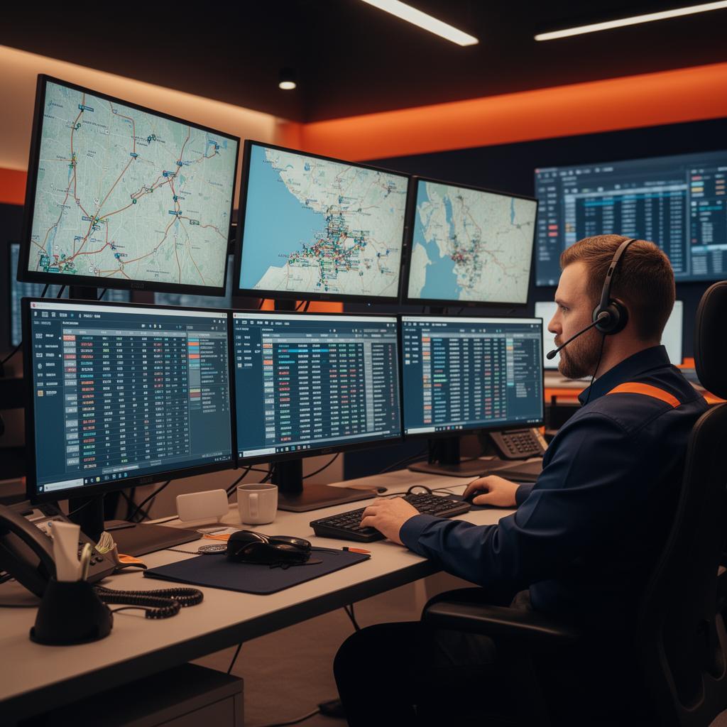 Professional dispatcher monitoring fleet operations on multiple screens